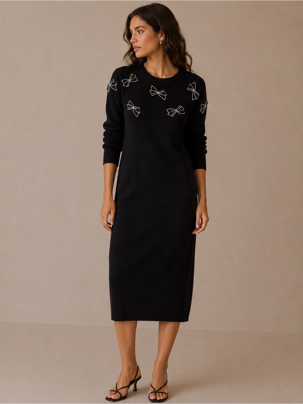 Vintage Darian Black Knit Sweater Dress with Silver Bow Appliqués Size Small
